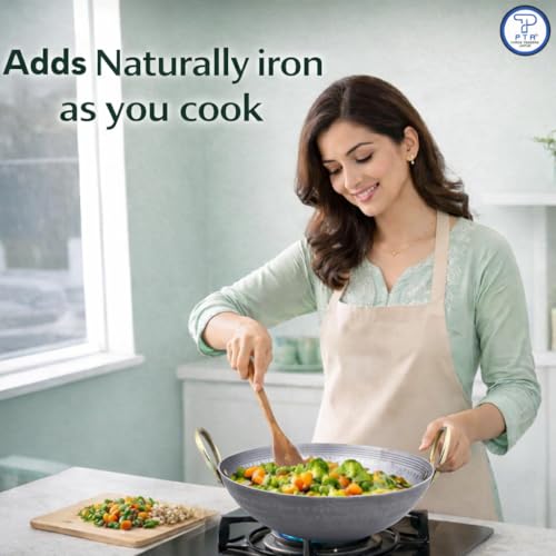 PTR Smooth Edge Iron Kadai 6 Litre 14 Inch Food Grade Hammered Heavy Base Lohe Ki Kadhai Metal Spoon Friendly Gas Induction Compatible 20 Year Warranty 2500 Gram - Image 4
