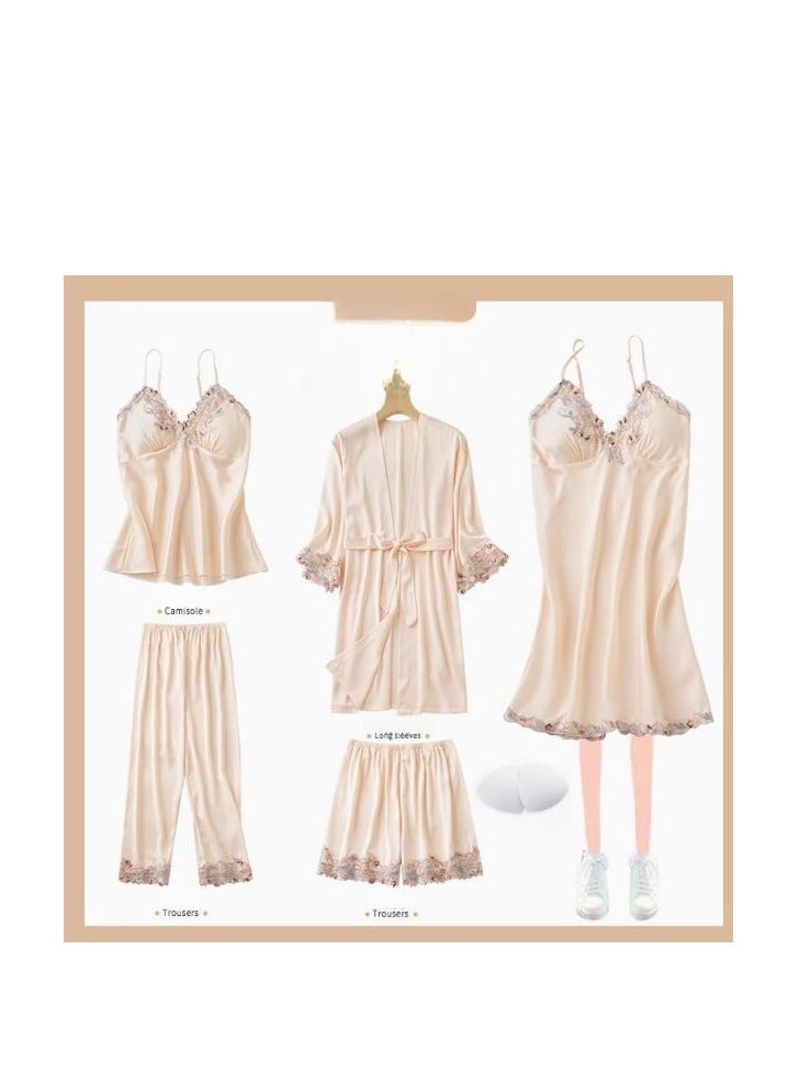 Pajama Women's Ice Silk Five Piece Set With High-End Feel And Chest Cushion Silk Home Suit Set - Image 1