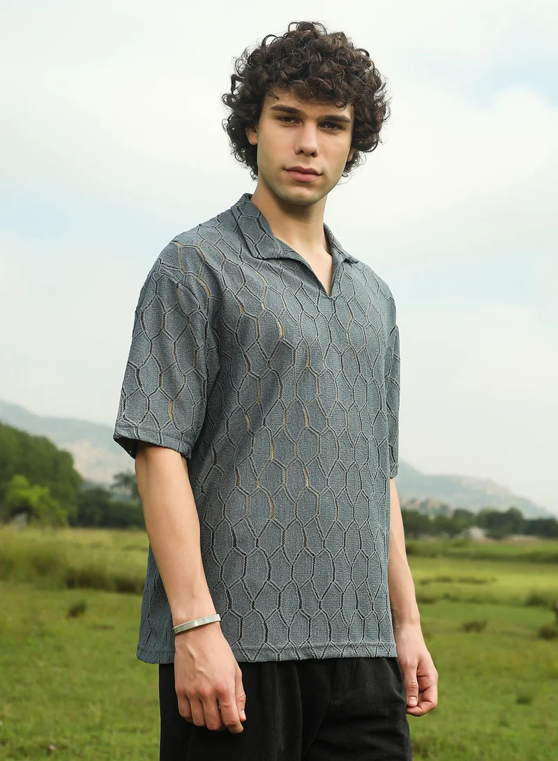 Campus Sutra Men's Moon Grey Honeycomb-Knit Polo T-Shirt