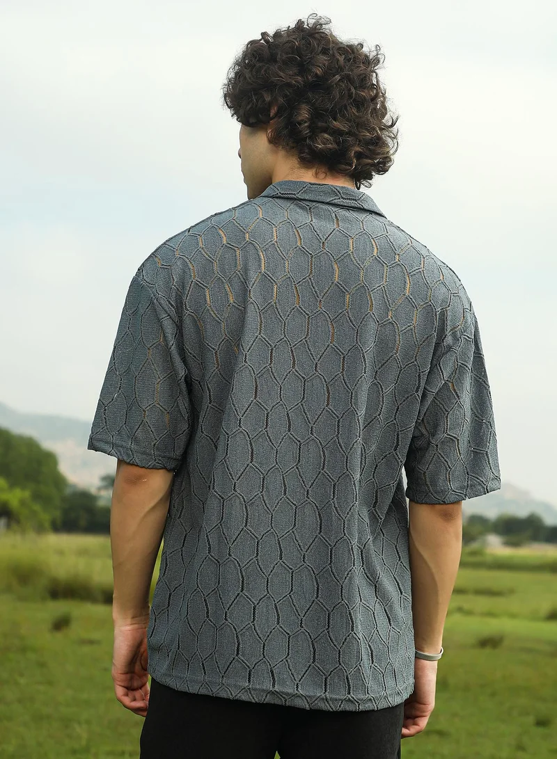 Campus Sutra Men's Moon Grey Honeycomb-Knit Polo T-Shirt