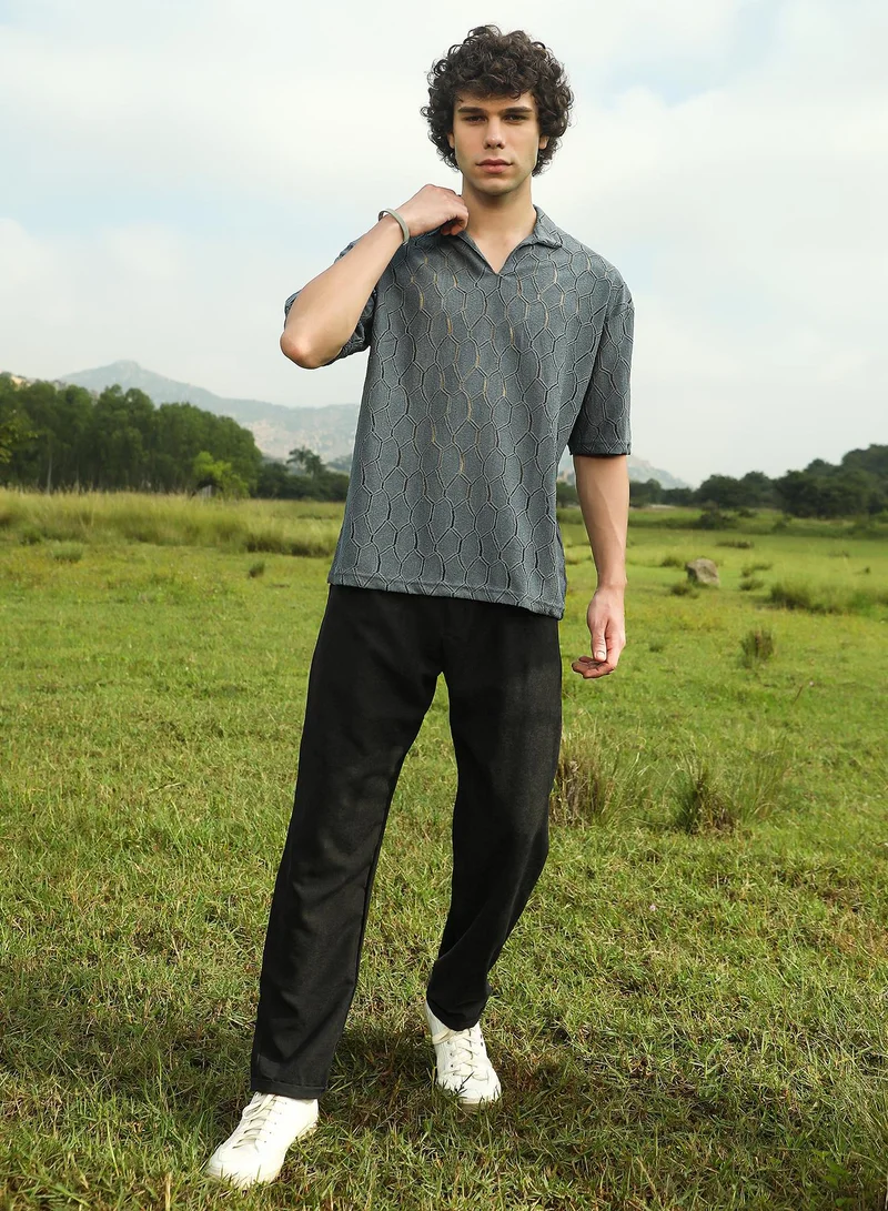 Campus Sutra Men's Moon Grey Honeycomb-Knit Polo T-Shirt