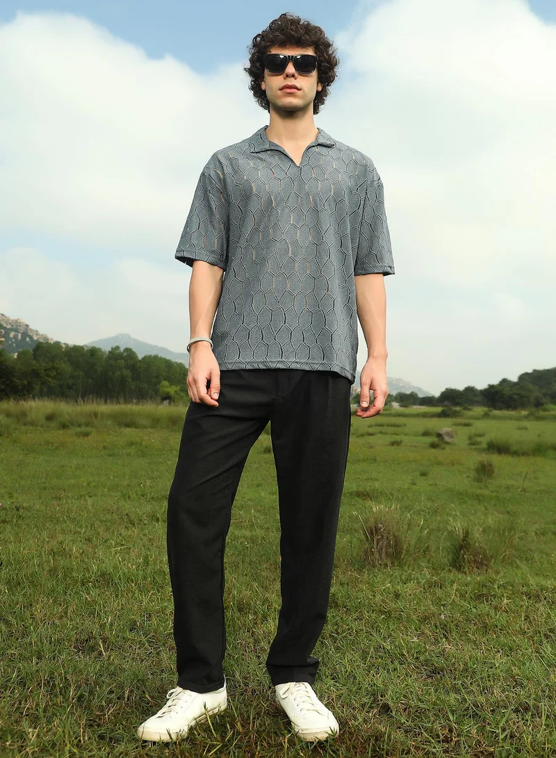 Campus Sutra Men's Moon Grey Honeycomb-Knit Polo T-Shirt