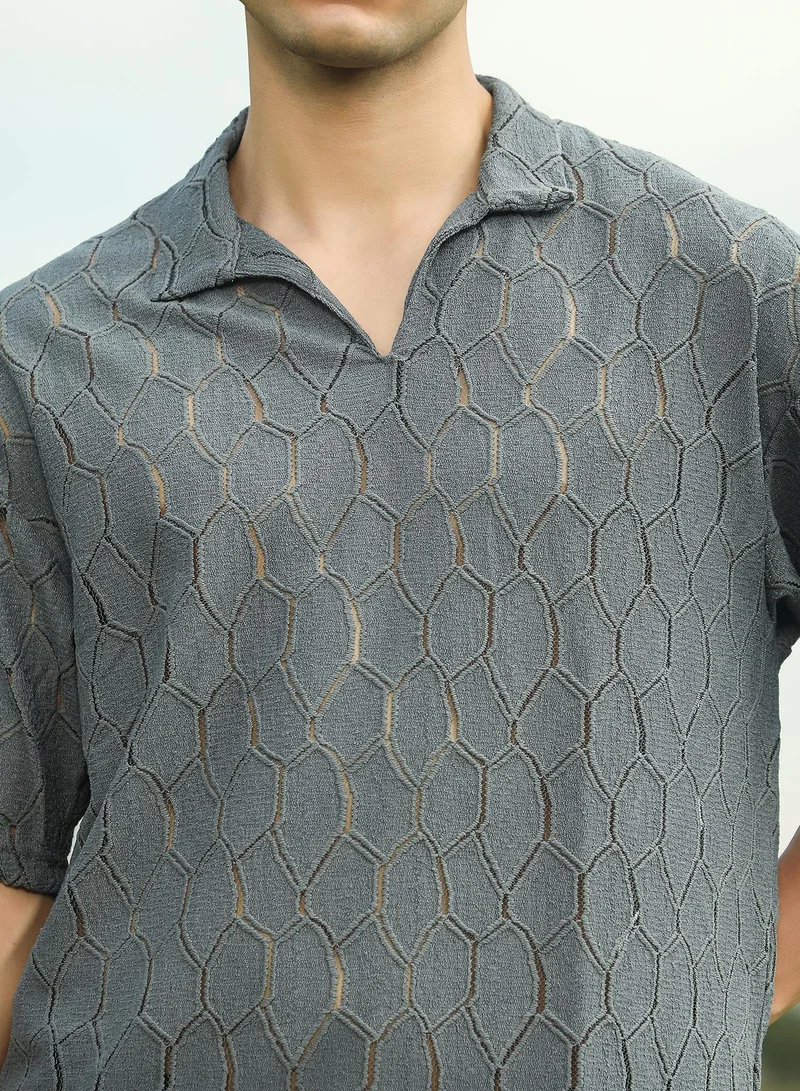 Campus Sutra Men's Moon Grey Honeycomb-Knit Polo T-Shirt