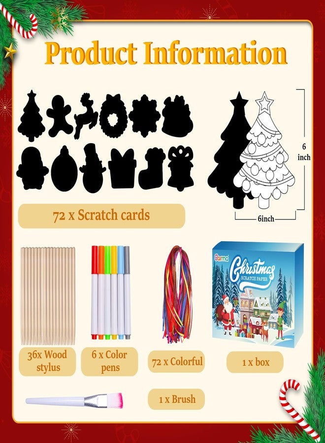 Garma 72Pcs Christmas Crafts Scratch Art for Kids, Rainbow Scratch Paper Christmas Ornaments Crafts Christmas Party Favors Toys Xmas Tree Ornaments Hanging Craft Art Kits - Image 2