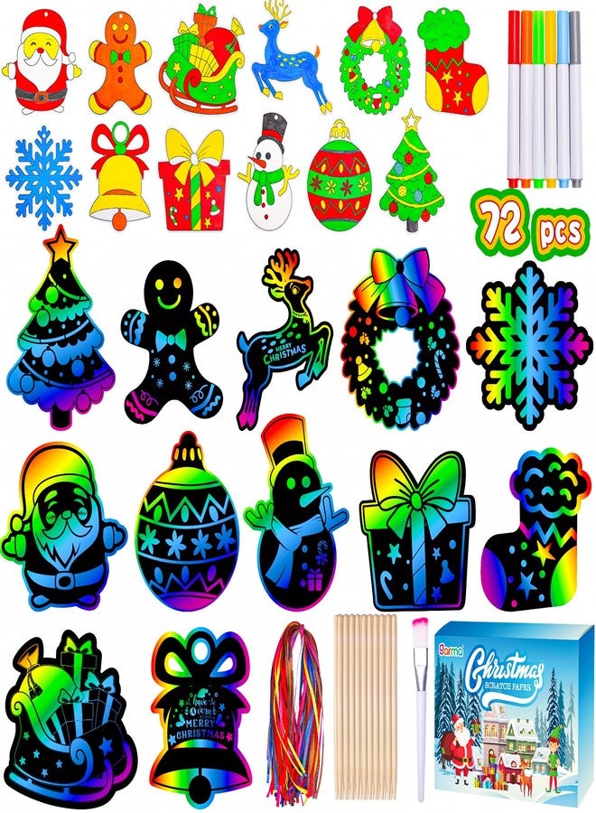 Garma 72Pcs Christmas Crafts Scratch Art for Kids, Rainbow Scratch Paper Christmas Ornaments Crafts Christmas Party Favors Toys Xmas Tree Ornaments Hanging Craft Art Kits - Image 1