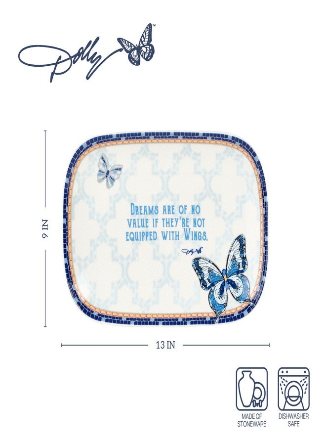 Dolly Parton Jeweled Mosaic Blue Butterfly Design Small Serving Tray Platter Dreams Sentiment, Stoneware Appetizer Dessert Serveware Platter, 13 Inch - Image 2
