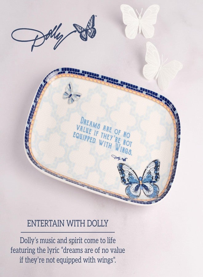 Dolly Parton Jeweled Mosaic Blue Butterfly Design Small Serving Tray Platter Dreams Sentiment, Stoneware Appetizer Dessert Serveware Platter, 13 Inch - Image 4