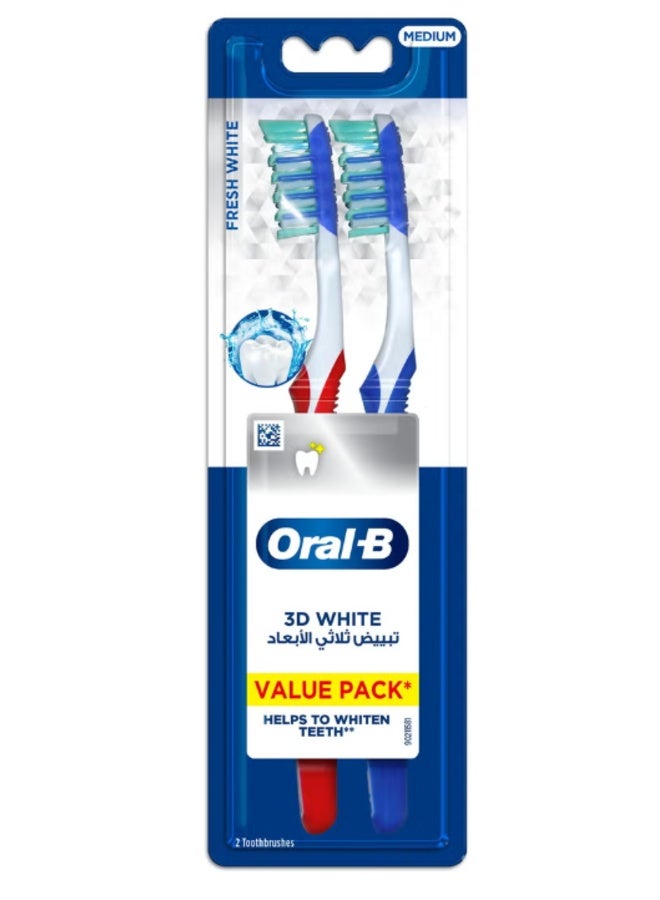 فرشاة أسنان يدوية أورال-بي 3D White Fresh لتبييض الأسنان، متوسطة، عبوة من 2