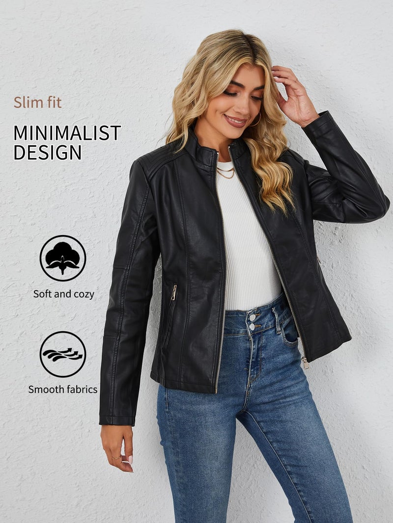 Bellivera Faux Leather Jackets for Women Moto Bike Solid Coat 37 Black L - Image 2