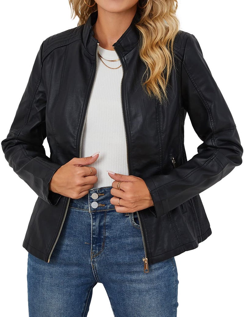 Bellivera Faux Leather Jackets for Women Moto Bike Solid Coat 37 Black L - Image 1