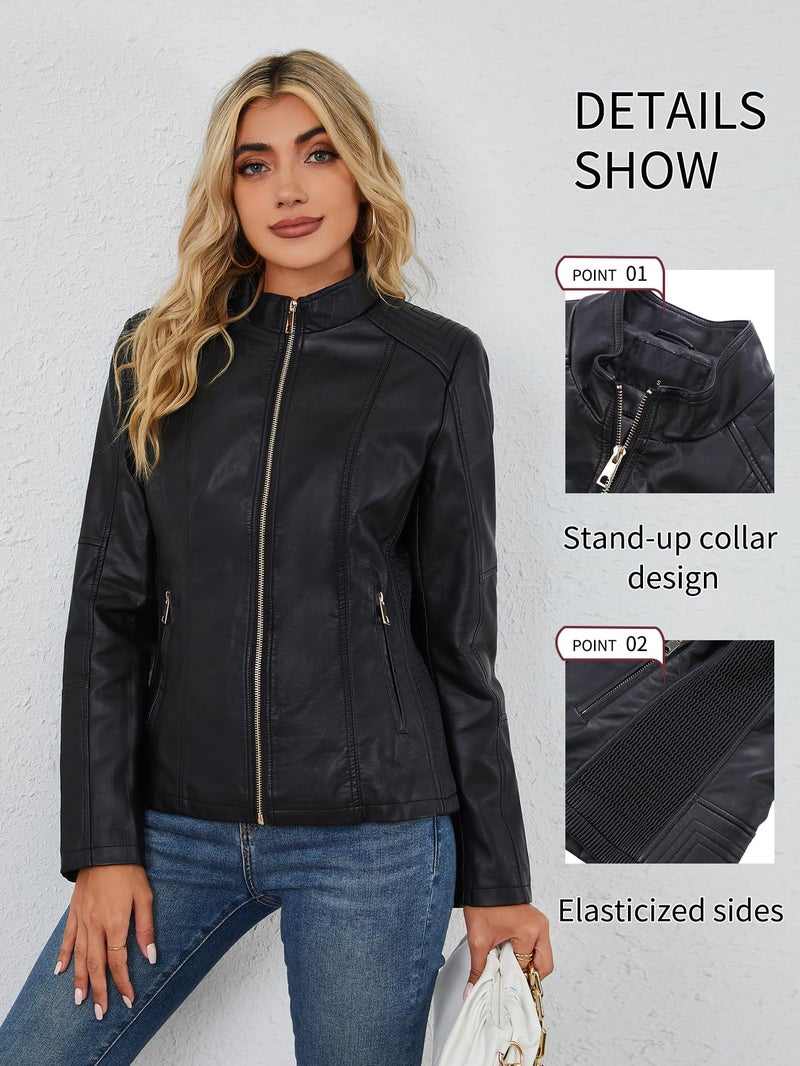 Bellivera Faux Leather Jackets for Women Moto Bike Solid Coat 37 Black L - Image 3