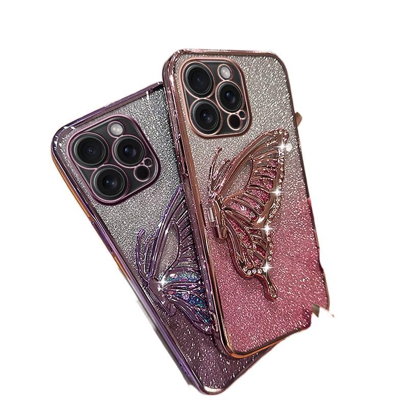 غطاء واقي بTPU باللون وردي من مادة TPU لـ iPhone 14 / 14 Plus / 14 Pro / 14 Pro Max مع لمعان مطلي بالكهرباء وترصيع الماس مع الرمال المتحركة مع نقشة الفراشة للاستخدام المنزلي - Image 2