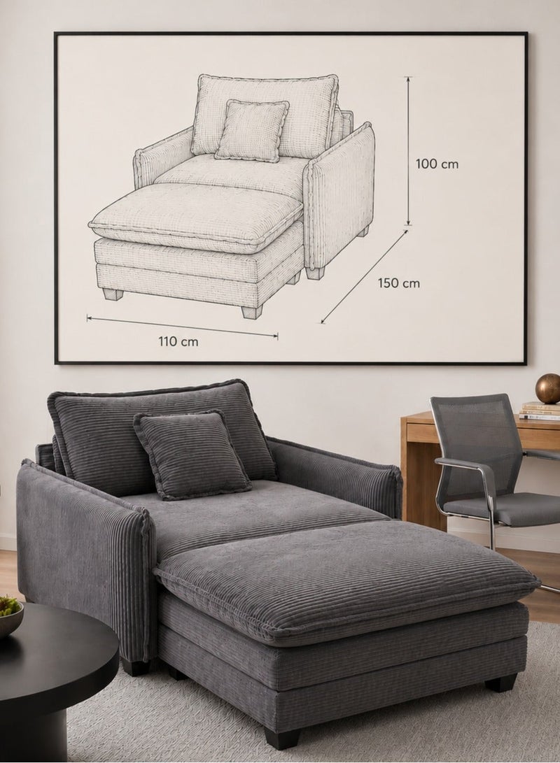 Sofa Bed Chair, Corduroy Fabric Single Sleeper Chair with Pull-Out Footrest, Modern Lounge Chair with Cushions for Living Room - Image 2
