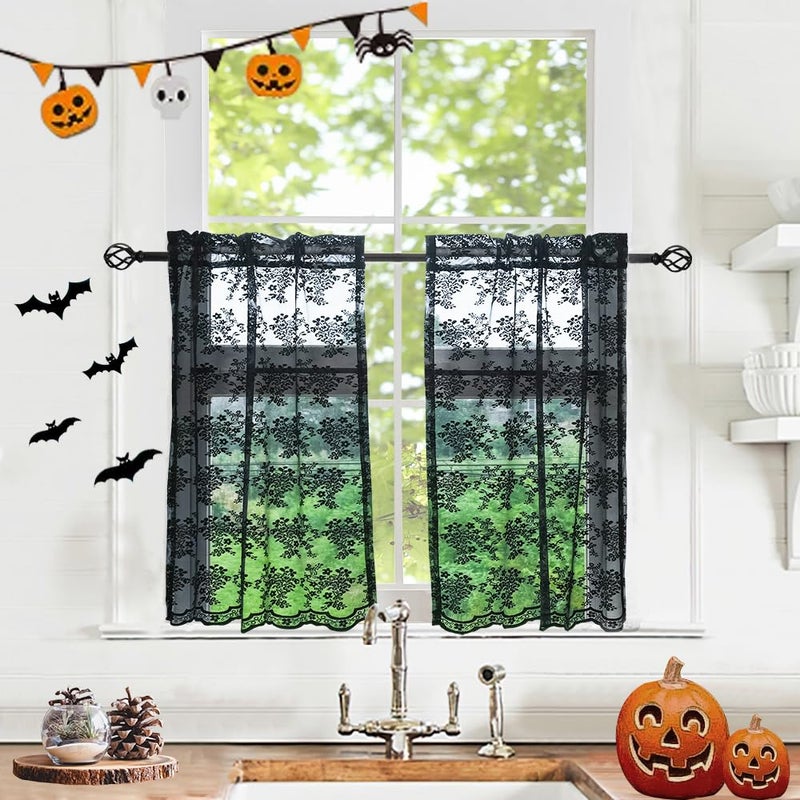 YJ YANJUN Black Lace Gothic Cafe Tier Curtains  36 x 36 Inch 2 Panels for Kitchen Bathroom Halloween Decor