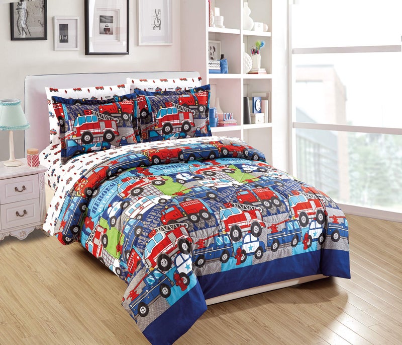 Linen Plus Comforter Set for Kids Heroes Fire Fighter Fire Trucks Police Car Ambulance Paramedic Navy Blue Red White Light Blue Grey Green New (Queen) - Image 4