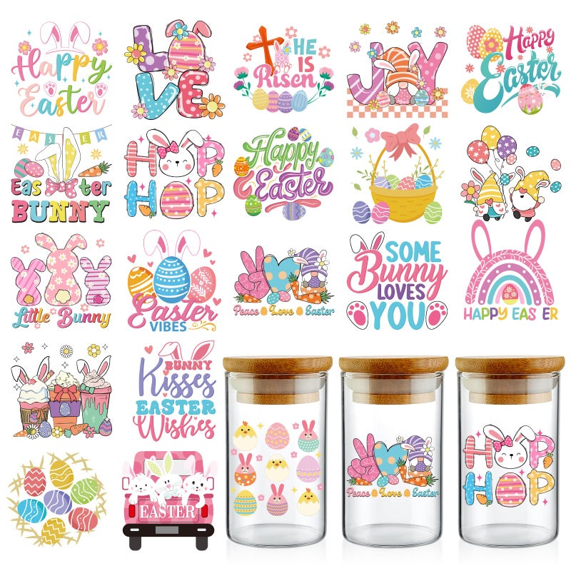 Happy Easter UV DTF Decals  20 Sheets Spring Bunny Easter Eggs Uvdtf Cup Wraps for 16 oz Glass Water Bottle Cute Rabbit Truck Gnome Rub on Transfer Stickers DIY Coffee Mug Craft Decal Decor for Girl