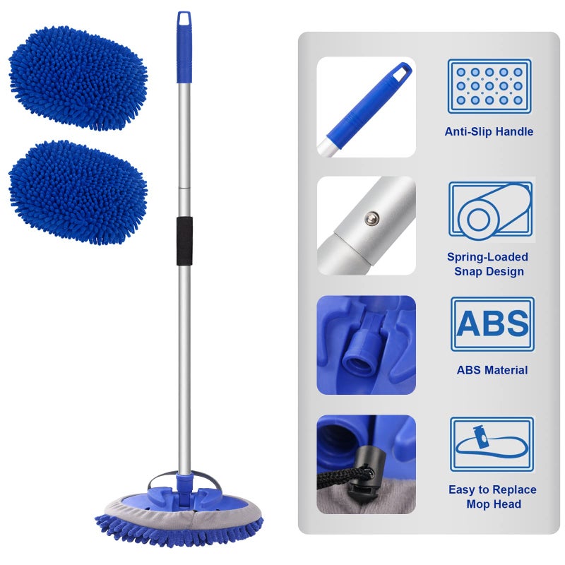 innhom Car Wash Brush Car Cleaning Brush 160cm 63'' Wash Mop Long Handle Versatile Car wash tool Suitable for Cleaning Cars, SUV, Truck, Caravans and Household Cleaning (1 Chenille Replacement Head) (Blue) - Image 2