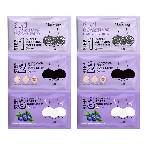 Masking 3-in-1 Blackhead Remover Nose Strips | Bubble Cleansing, Charcoal Pore Strip & Soothing Blueberry Infused Strip | Deep Care for Blackheads, Oil & Dirt | Combo Pack of 2 - Image 1