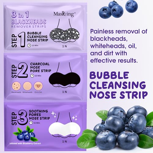 Masking 3-in-1 Blackhead Remover Nose Strips | Bubble Cleansing, Charcoal Pore Strip & Soothing Blueberry Infused Strip | Deep Care for Blackheads, Oil & Dirt | Combo Pack of 2 - Image 3