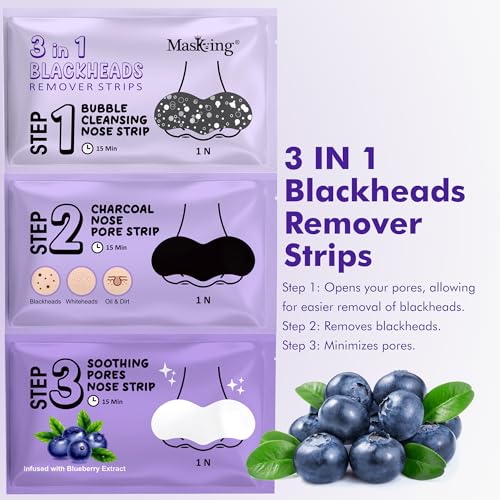 Masking 3-in-1 Blackhead Remover Nose Strips | Bubble Cleansing, Charcoal Pore Strip & Soothing Blueberry Infused Strip | Deep Care for Blackheads, Oil & Dirt | Combo Pack of 2 - Image 2