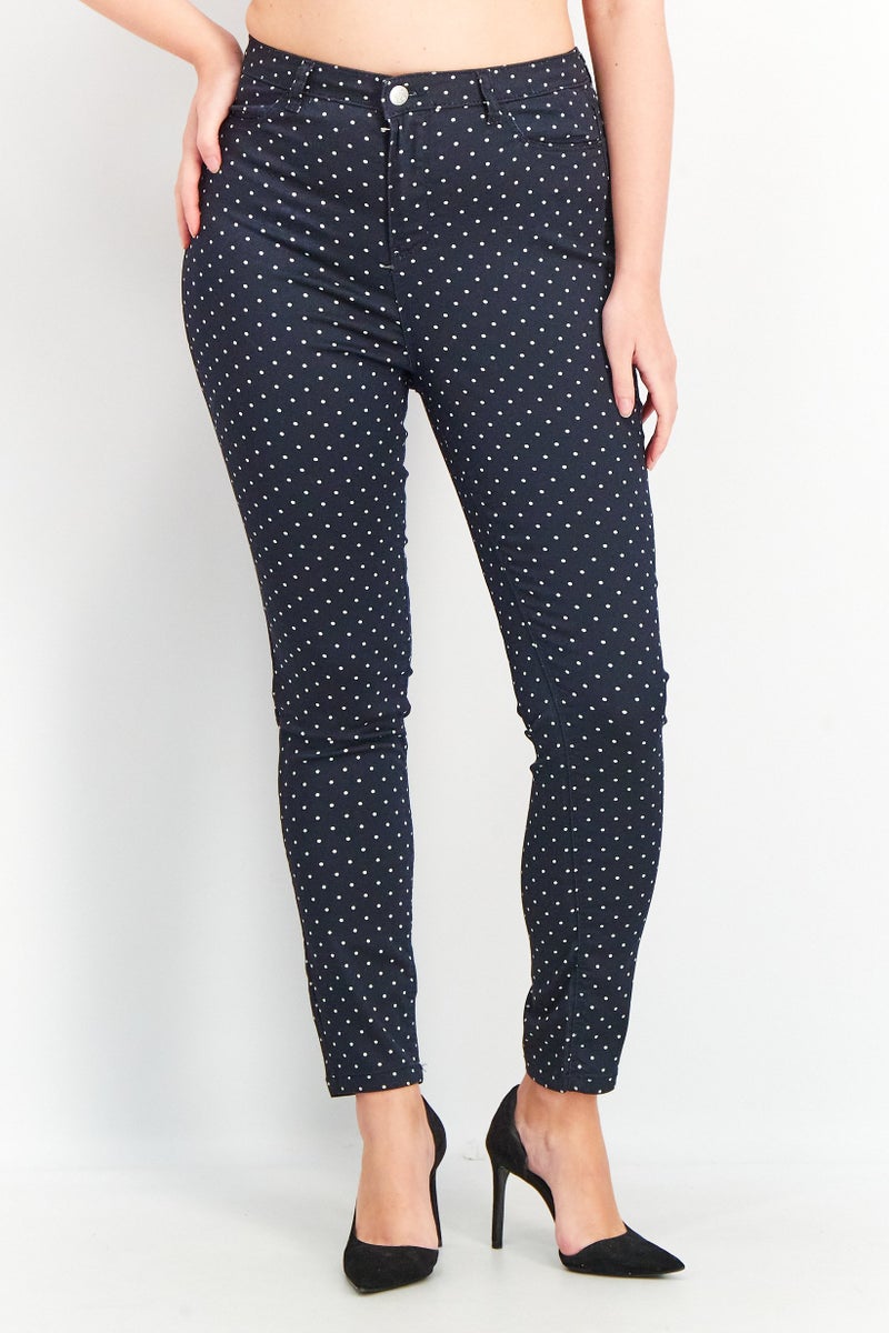 DeFacto Women Slim Fit Polka Dots Chino Pants, Navy - Image 1