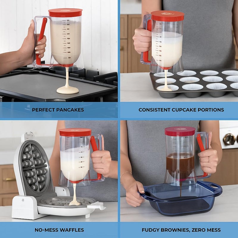 KPKitchen Pancake Batter Dispenser - Kitchen Must Have Tool for Perfect Pancakes, Cupcake, Waffle, Muffin Mix, Cake & Crepe - Easy Pour Baking Supplies for Griddle - Pancake Maker with Measuring Label (Red) - Image 2