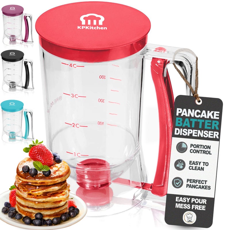 KPKitchen Pancake Batter Dispenser - Kitchen Must Have Tool for Perfect Pancakes, Cupcake, Waffle, Muffin Mix, Cake & Crepe - Easy Pour Baking Supplies for Griddle - Pancake Maker with Measuring Label (Red) - Image 1