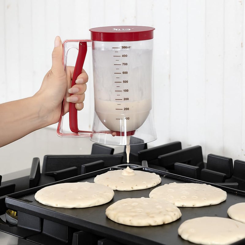KPKitchen Pancake Batter Dispenser - Kitchen Must Have Tool for Perfect Pancakes, Cupcake, Waffle, Muffin Mix, Cake & Crepe - Easy Pour Baking Supplies for Griddle - Pancake Maker with Measuring Label (Red) - Image 5