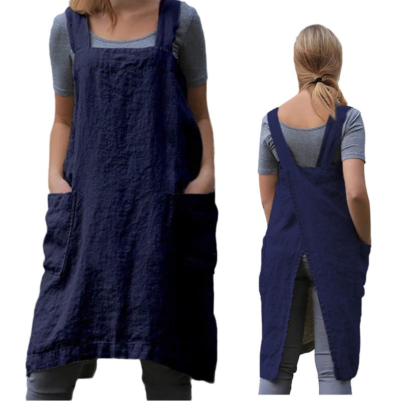ZQFFB Pinafore Cross Back Apron for Women with Pockets Japanese Smock for Work Gardening Cooking Painting Baking - Image 1
