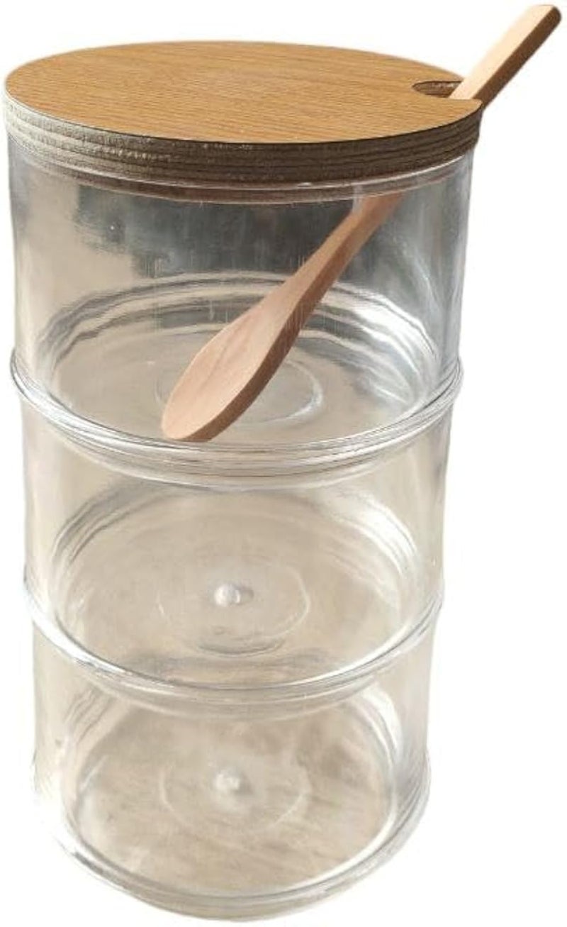 برطمانات قابلة للتكديس بثلاث طبقات، برطمان حلوى وبسكويت دائري شفاف من الأكريليك مع غطاء خشبي وملعقة خشبية