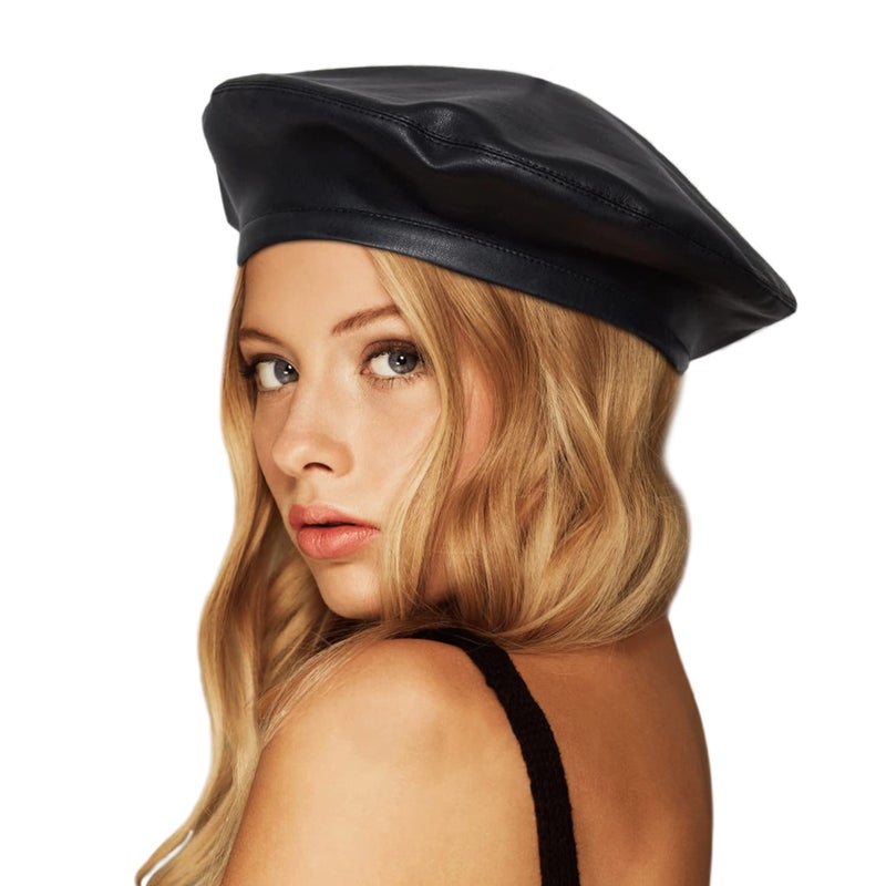Wheebo PU Leather Berets for Women French Beret Hats Artist Painter Hat Classic Solid Style(Black) - Image 1