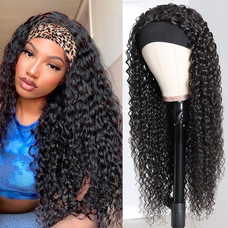 Deep Wave Headband Wigs Human Hair for Black Women 180 Density Brazilian Virgin Human Hair None Lace Front Wigs Machine Made Wig Glueless Deep Curly Headband Human Hair Wig 30 Inch