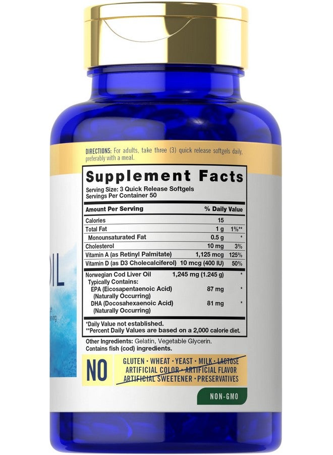 زيت كبد سمك القد النرويجي كارلايل | مع حمض إيكوسابنتينويك وحمض دوكوساهيكسانويك | ١٢٤٥ ملغ | ١٥٠ كبسولة هلامية | كبسولات سائلة | مكمل غذائي خالٍ من الكائنات المعدلة وراثيًا والغلوتين - Image 2