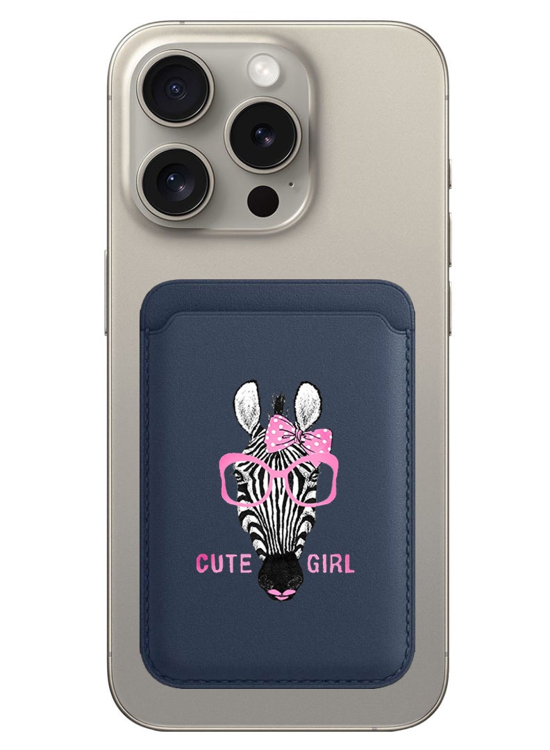 Theodor Magnetic Wallet, Compatible with MagSafe Wallet, for iPhone Wallet, for iPhone 16/15/14/13/12 Series, Not for iPhone 13/12 mini, 3 Card Holder, Vegan Leather, Navy - Cute girl zebra - Image 1