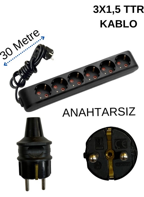 Avarson (6 Pcs) Six Point Socket with Grounded Cable Black (3x1.5 Ttr) 30 (Thirty) Meters  - Image 1
