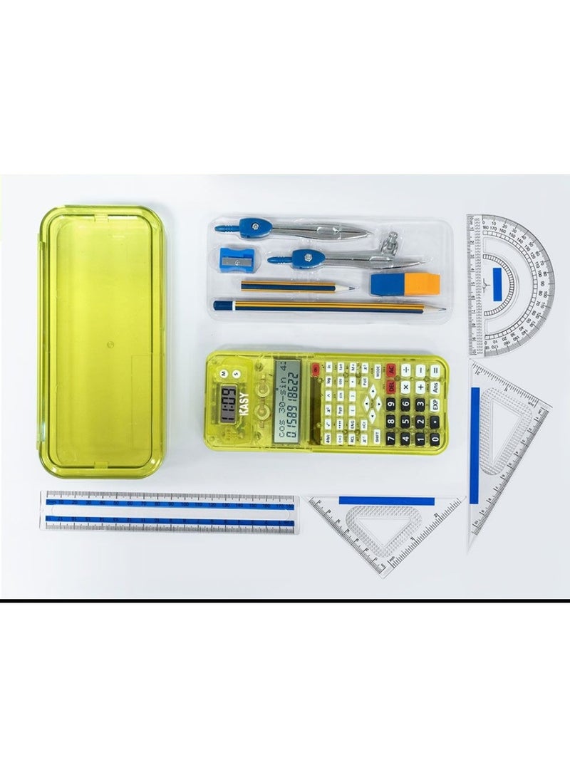 Scientific Calculator School Math Set 2-Line Display + 10-Piece Geometry Set (Ruler, Compass, Protractor) | 5-in-1 Scientific Calculator for Students: Scientific Calculator with Clock + Detachable Pencil Case Transparent Storage | Complete Study Set for School Exams - Image 2
