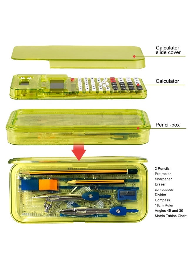 Scientific Calculator School Math Set 2-Line Display + 10-Piece Geometry Set (Ruler, Compass, Protractor) | 5-in-1 Scientific Calculator for Students: Scientific Calculator with Clock + Detachable Pencil Case Transparent Storage | Complete Study Set for School Exams - Image 3