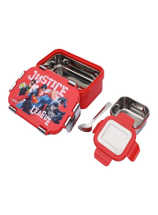 Jaypee Wowsteel Junior Insulated Inner Stainless Steel Lunch Box for School, Lunch Box for Kids Leak Proof Lunch Box airtight lid & Steel Spoon Lunch Box BPA Free Office Justice League Red - Image 2