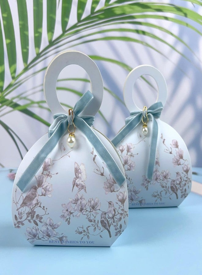 WEI LONG 20 PCS Small Gift Boxes, Flower & Bird Party Favor Boxes Goodie Bags with Handle, Velvet Bow, Pearl Pendant for Wedding Anniverary Valentine's Day Birthday Party Presents 4"x5.1"x1.4"(Mist Blue - Image 5