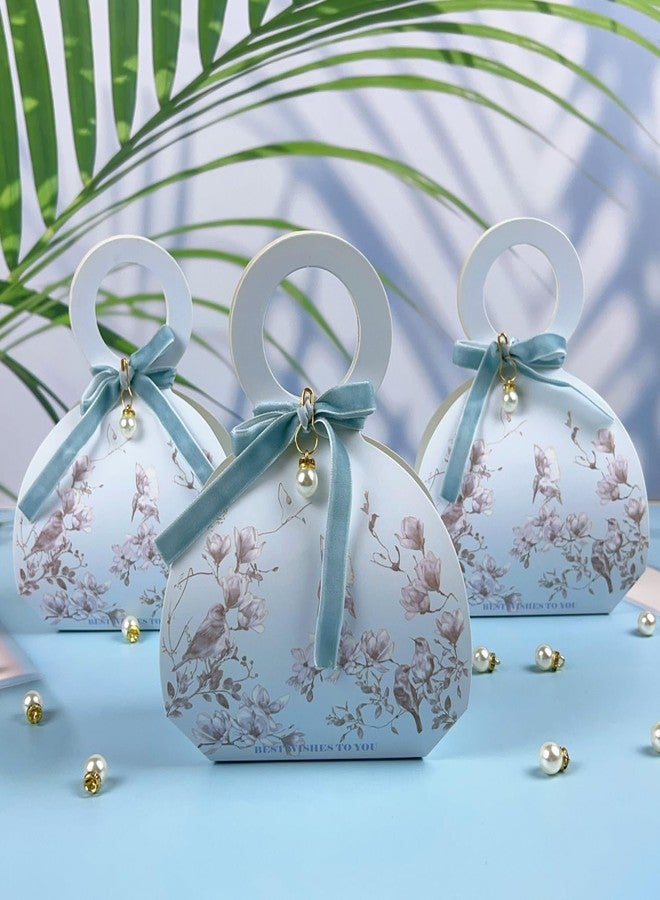 WEI LONG 20 PCS Small Gift Boxes, Flower & Bird Party Favor Boxes Goodie Bags with Handle, Velvet Bow, Pearl Pendant for Wedding Anniverary Valentine's Day Birthday Party Presents 4"x5.1"x1.4"(Mist Blue - Image 3