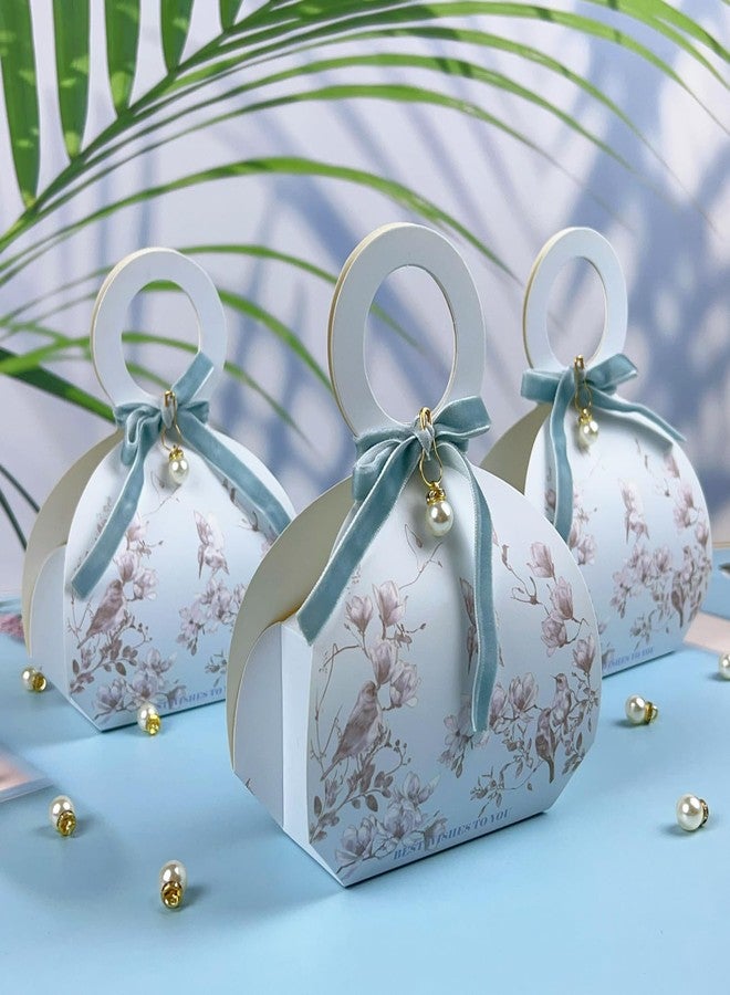 WEI LONG 20 PCS Small Gift Boxes, Flower & Bird Party Favor Boxes Goodie Bags with Handle, Velvet Bow, Pearl Pendant for Wedding Anniverary Valentine's Day Birthday Party Presents 4"x5.1"x1.4"(Mist Blue - Image 4