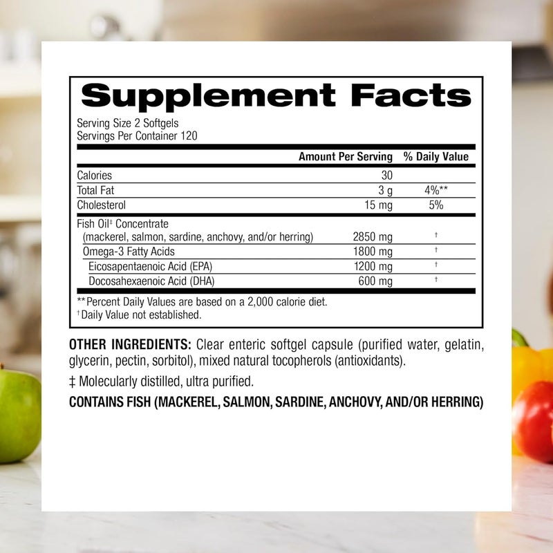 Webber naturals زيت السمك من ويبر ناتشورالز 2850 ملغ قوة عالية 1800 ملغ أوميغا 3 لكل حصة 120 كبسولة جيلاتينية شفافة بدون طعم سمكي بعد الاستخدام تنقية فائقة تدعم صحة القلب والدماغ والمفاصل - Image 3