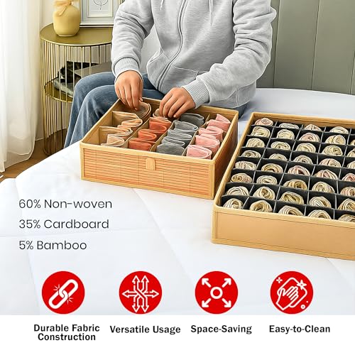 PRIME PICK Inner Care Storage Organizer Box Foldable Cloth Innerwear Socks Organizer Lid Covered Breathable Fabric Wardrobe Drawer Closet Clothes Storage Container Easy Carry Handles Beige Pack of 2 - Image 4