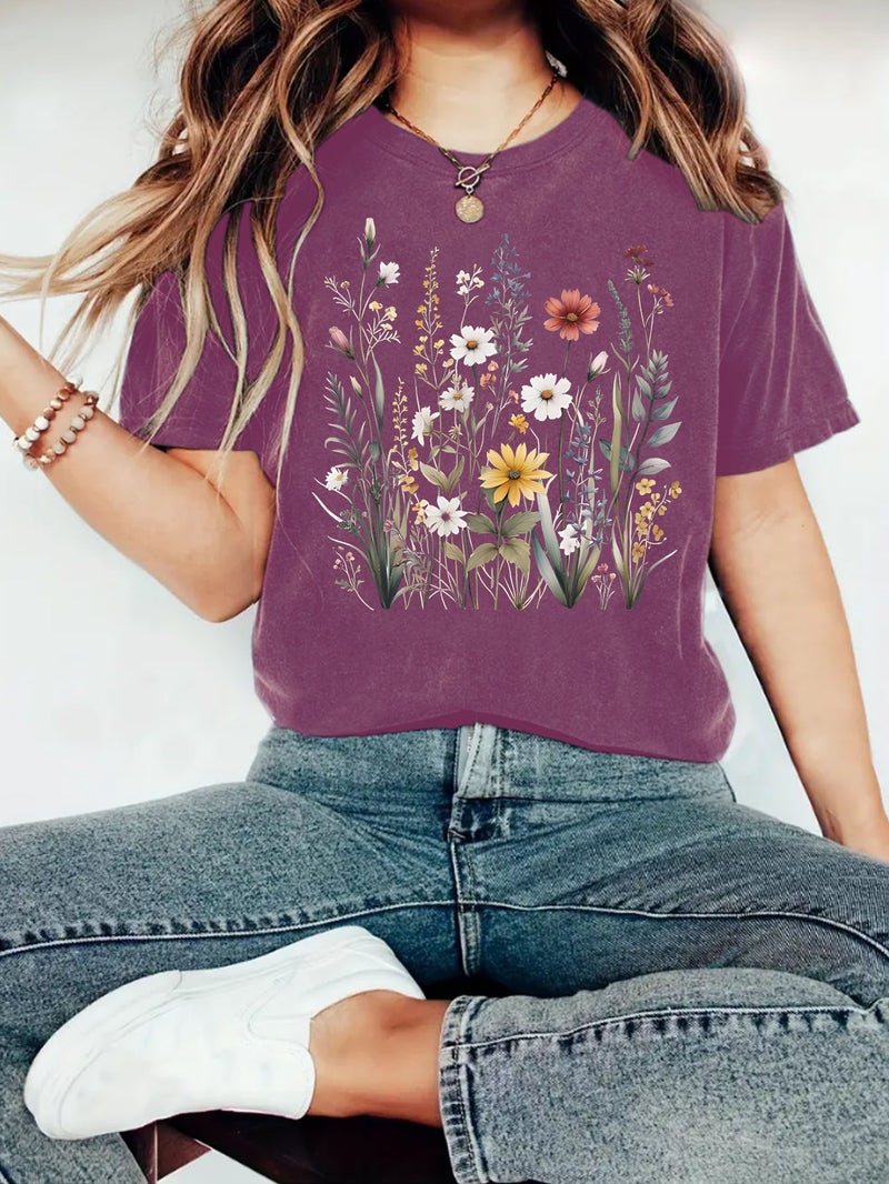Summer Women'S Plant Flower Pattern Printing Round Neck Short Sleeve Casual Fashion Explosion T-Shirt - Image 5