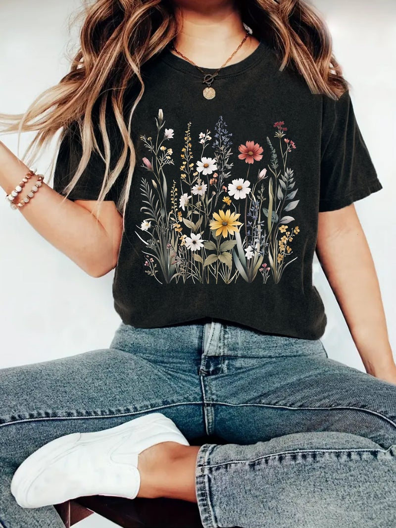 Summer Women'S Plant Flower Pattern Printing Round Neck Short Sleeve Casual Fashion Explosion T-Shirt - Image 4