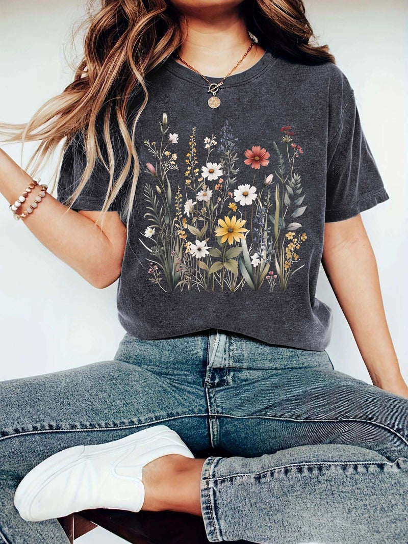 Summer Women'S Plant Flower Pattern Printing Round Neck Short Sleeve Casual Fashion Explosion T-Shirt - Image 2