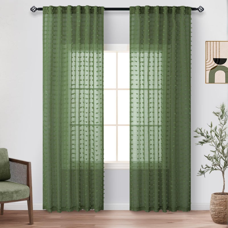 DANCURTON Olive Green Sheer Curtains 84 Inch Length for Bedroom Living Dining Room Light Filtering Country Farmhouse Pom Pom Design Window Treatments Boho Decor Voile Sheer Green Curtains 2 Panels Set Back Tab - Image 2