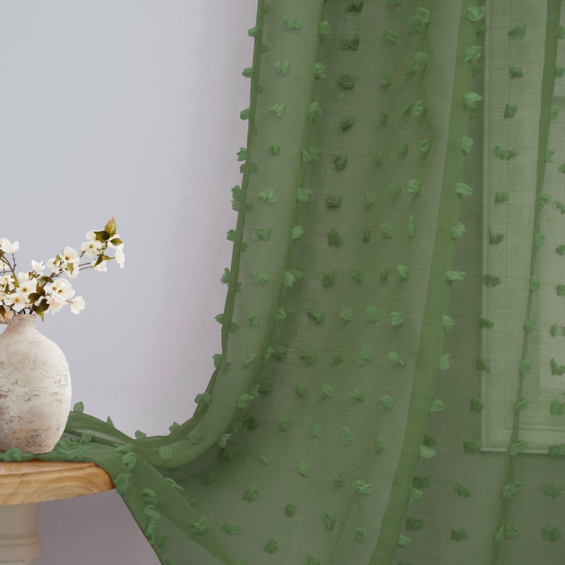 DANCURTON Olive Green Sheer Curtains 84 Inch Length for Bedroom Living Dining Room Light Filtering Country Farmhouse Pom Pom Design Window Treatments Boho Decor Voile Sheer Green Curtains 2 Panels Set Back Tab - Image 1