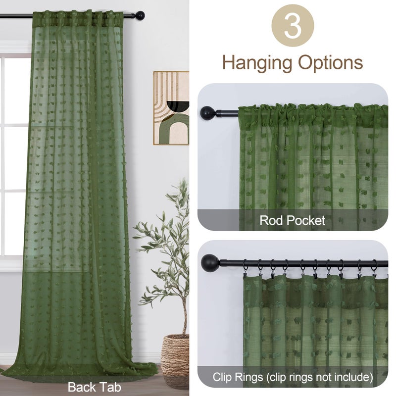 DANCURTON Olive Green Sheer Curtains 84 Inch Length for Bedroom Living Dining Room Light Filtering Country Farmhouse Pom Pom Design Window Treatments Boho Decor Voile Sheer Green Curtains 2 Panels Set Back Tab - Image 5