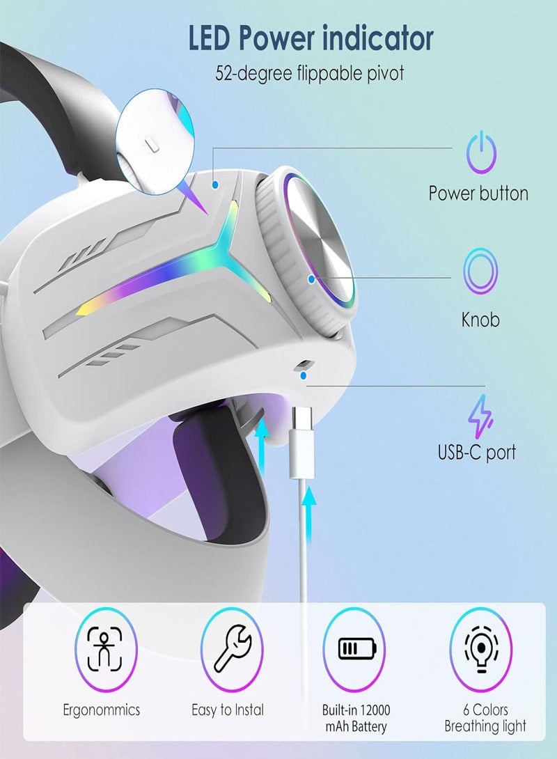 Head Strap with 12000mAh Battery for Oculus/Meta Quest 3, Adjustable Headband Bracket with RGB Light, Soft Cushion VR Elite Strap for Balance Weight-White  - Image 3